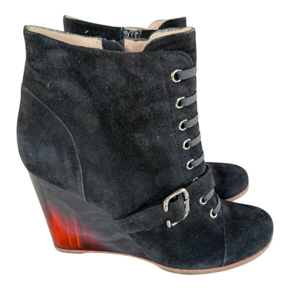 Rebecca Sanver Black Suede Booties Sz 6.5 Amber Lucite Heels Anthropologie EUC - Picture 3 of 12